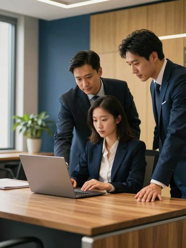 Warm corporate office interior with professional staff assisting a client at a wooden desk, natural daylight, deep navy accents