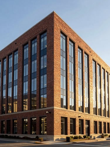 Architectural shot of a premium brick and glass corporate headquarters under warm natural daylight, clean and stable physical presence, professional editorial style.