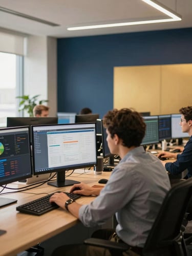 A modern regional corporate office interior with warm natural daylight, professional staff analyzing data on screens, deep navy and gold tones, sharp focus, professional editorial style.