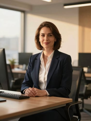 A professional editorial portrait of a community business owner in a warm, sunlit modern office space, golden hour light, navy accents, sharp focus.