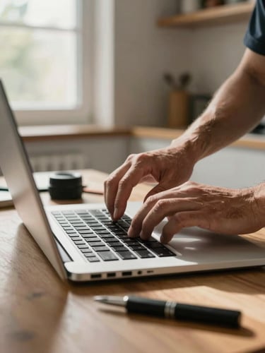 Close-up of a technician's hands carefully opening a laptop lid on a kitchen table, natural window light falling across the keyboard, tools laid out to the side, warm neutral interior background slightly out of focus