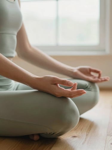 Close-up of hands resting on knees in a seated meditation pose, soft natural window light, warm wood floor, serene atmosphere