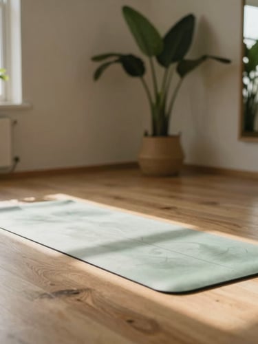 Sunlit yoga studio interior with warm wood floors, soft green plants, and natural window light casting gentle shadows, warm editorial photography, 35mm