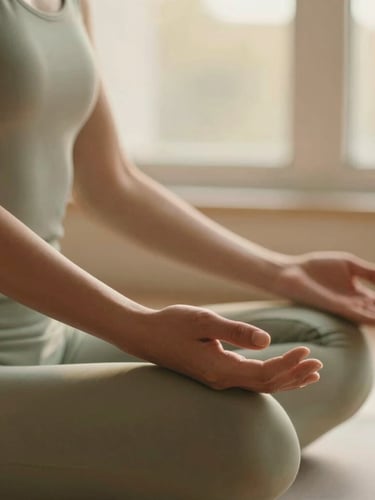 Close-up of hands resting gently on knees in a seated meditation pose, soft golden-hour window light, warm clay and sage tones, shallow depth of field