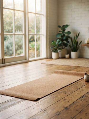 Warm editorial photography of a sunlit yoga studio with natural wood floors and soft window light, a single cork mat unrolled, 35mm