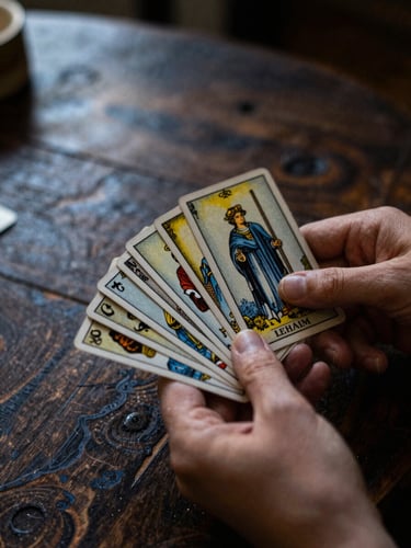 A close-up of hands holding the Lehaim tarot cards on an antique dark wooden table, soft dramatic golden hour light, moody editorial photography, 35mm