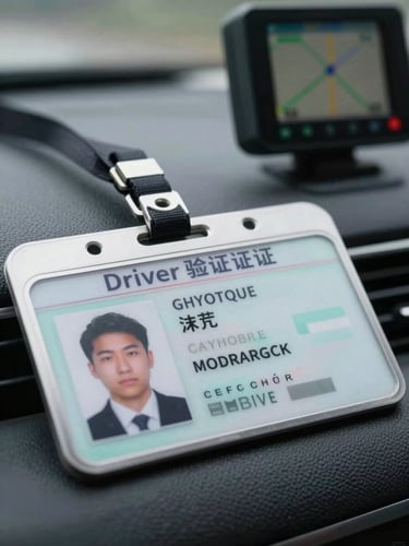 Close-up of a laminated driver verification ID badge resting on a dashboard, showing a headshot photo, driver name, and license number, overcast daylight through windshield, GPS unit visible softly in background