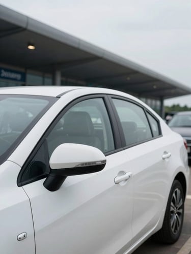 Driver-side angle of a spotless white sedan parked at the Kempegowda Airport arrivals curb in overcast daylight, driver door visible, terminal canopy in background, no people in frame