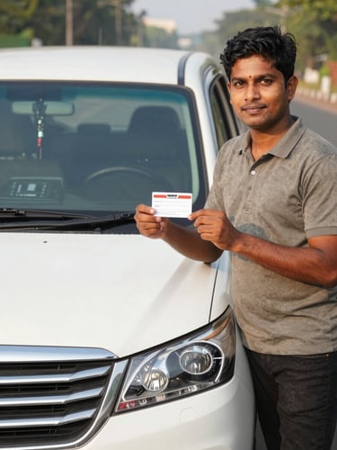 Environmental shot of a verified driver standing beside an Innova Crysta at a Bangalore road pickup point, holding a printed name-card, GPS unit visible on dashboard through the windshield, bright morning light, no direct camera eye contact