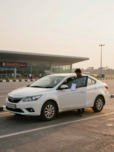 Wide environmental shot of Kempegowda International Airport Bangalore pickup zone at early morning golden hour, a clean white sedan parked at the curb with a driver standing beside the open door checking a printed name-card, terminal signage visible in background, low warm light across tarmac