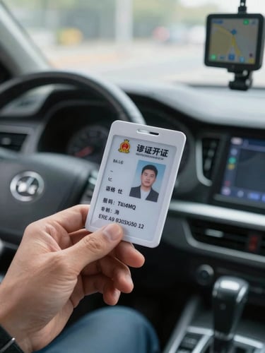 Close-up of a taxi driver's verification ID card held in hand, name and license number clearly printed, inside a clean vehicle cabin with GPS mount visible on dashboard, bright daylight through windshield
