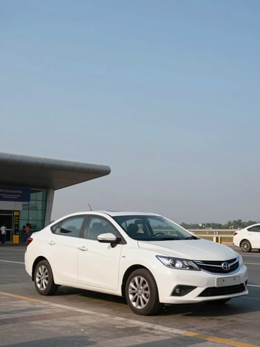 Wide environmental shot of a clean white sedan parked at Kempegowda International Airport pickup curb, three-quarter front angle, morning daylight, terminal entrance visible in background left, generous open sky on the right third