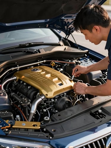 Professional mechanic inspecting a high-end luxury sedan engine bay under clean garage lighting, focus on precision tools, premium automotive photography