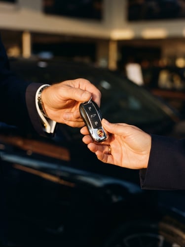 Close-up of a luxury car key being handed over, golden hour reflection on polished metal, professional interaction, 35mm