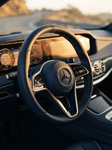 Premium luxury car interior close-up, steering wheel with leather details, golden hour light reflecting on dashboard, sharp focus, 35mm