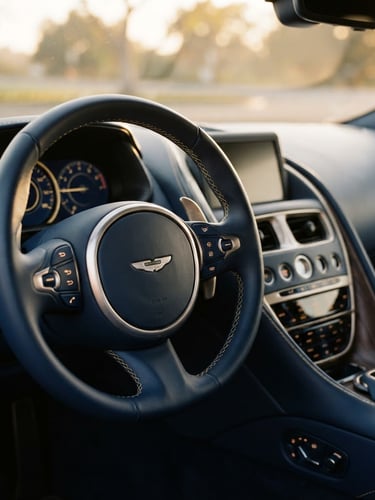 Close-up of a luxury car steering wheel and clean leather dashboard, golden hour lighting, premium automotive photography, deep navy and gold tones, sharp focus, 35mm
