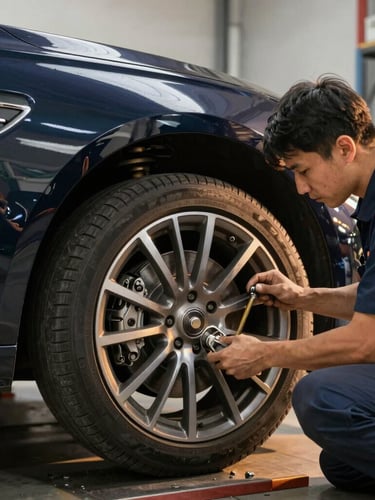 Professional mechanic inspecting a clean luxury sedan under bright workshop lighting, focusing on the wheel and brake calipers, sharp details, premium automotive photography
