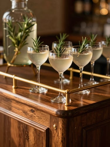 Close-up of a bespoke wooden beverage bar with gold accents, warm natural light illuminating cocktail glasses and fresh rosemary garnishes, editorial style
