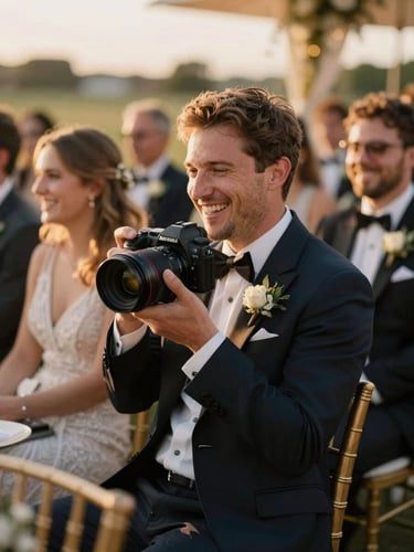 A professional camera capturing a candid moment of laughing guests at a golden-hour wedding reception, soft focus background, 35mm