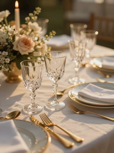 Close-up of a luxury wedding table setting, warm golden-hour light catching crystal glassware and gold cutlery, delicate floral arrangements in the background, shallow depth of field, 35mm photography