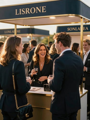 Guests interacting at a sophisticated brand activation booth, warm lighting, laughter, premium event atmosphere, 35mm