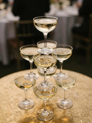 Close-up of a beautifully styled champagne tower on a metallic gold table, warm golden-hour lighting, shallow depth of field, premium editorial event setup, 35mm