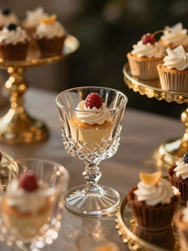 Close-up of a beautifully styled artisanal dessert bar, warm golden-hour lighting highlighting crystal glassware and metallic gold accents, elegant presentation, shallow depth of field, 35mm