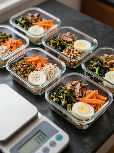 Close-up overhead view of a meal prep workspace, glass containers of portioned high-protein food arranged on a dark slate counter, a digital kitchen scale in the foreground, natural north-facing daylight casting clean shadows, no people visible