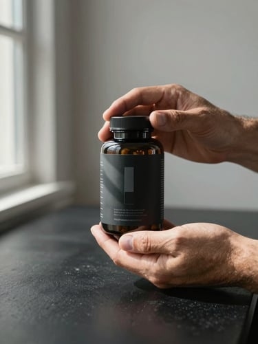 Close-up of a male creator's hands holding a dark supplement bottle at chest height, natural window light from the left casting a sharp shadow across the label, matte black surface below, clean editorial framing with generous space above the product