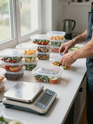Wide editorial shot of a meal prep workspace — portioned food containers lined up on a white countertop, a precision kitchen scale in the foreground, natural daylight from a large window, hands of a male figure arranging lids, clean and documentary in character
