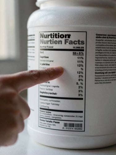 Close-up of a hand reading the nutrition facts panel on a white protein powder container, fingertip pointing at ingredient list, natural daylight from the left, matte white counter background