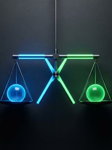 Minimalist conceptual photography of a balanced scale split in half, one side glowing electric blue, the other neon green, sharp studio lighting, dark graphite background