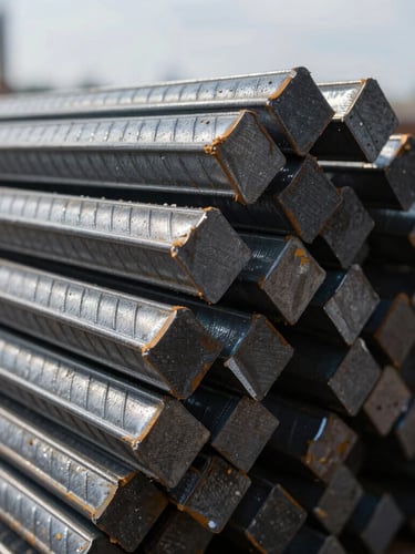 Extreme macro close-up of cross-ribbed TMT steel bars stacked at a heavy construction site, dramatic shadows, industrial daylight, 35mm.