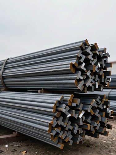 Low-angle heroic shot of bundled cross-ribbed TMT steel bars in an industrial yard, cool overcast daylight, high-contrast steel tones, sharp details, shallow depth of field, 35mm