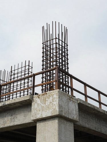 Low-angle shot of an active concrete bridge reinforcement framework under a cool overcast sky, sharp details, high-contrast steel tones, 35mm.