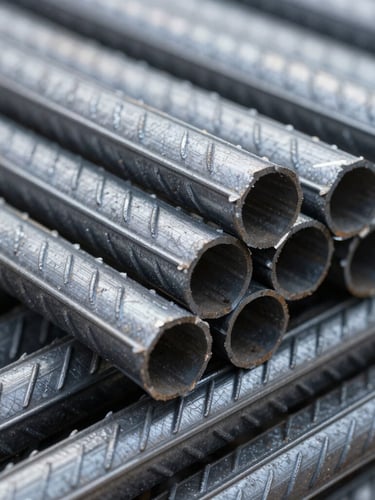 Extreme macro close-up of cross-ribbed TMT steel bar patterns, highlighting the precise deformation ribs under dramatic industrial lighting