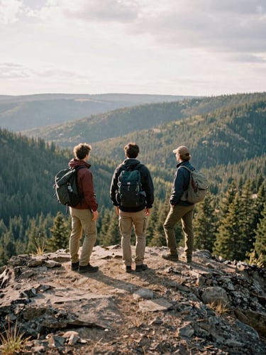 An unposed group of three guides standing on a rocky ridge in the Idaho wilderness, looking out over a vast forest valley, overcast daylight, authentic outdoor apparel, 35mm film style.