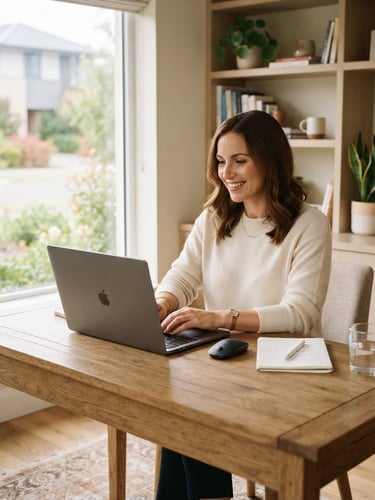 A professional woman in a bright modern home office, looking confidently at a laptop screen, soft natural daylight, warm neutral tones, 35mm photography