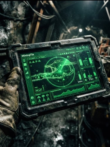Extreme close-up of a ruggedized tablet displaying the MiningTix app interface, sharp radar-green UI elements, in a low-light industrial mining environment, screen glow illuminates surrounding dust, 35mm film look.