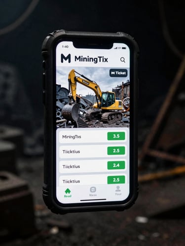 Rugged mobile device displaying the MiningTix app interface, showing heavy equipment tracking and ticketing details in a dark mining environment with screen glow.