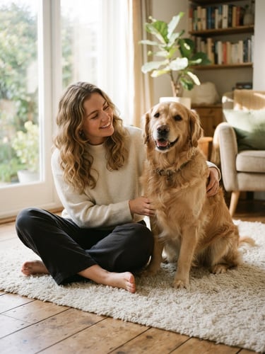 A warm domestic scene of a happy golden retriever sitting calmly next to its owner on a soft rug, warm morning light filtering through a window, authentic lifestyle photography.
