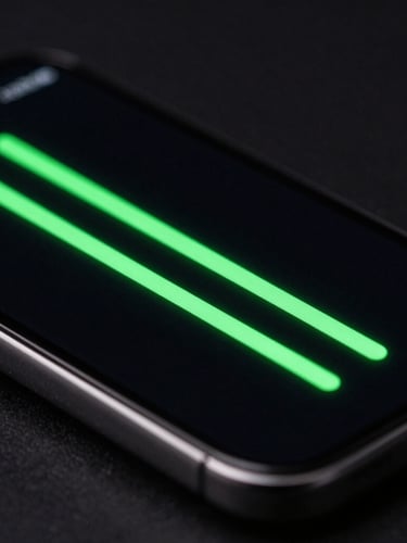 Extreme close-up macro shot of a mobile screen showing glowing neon green UI curves on a deep black background, dramatic hardware angle.