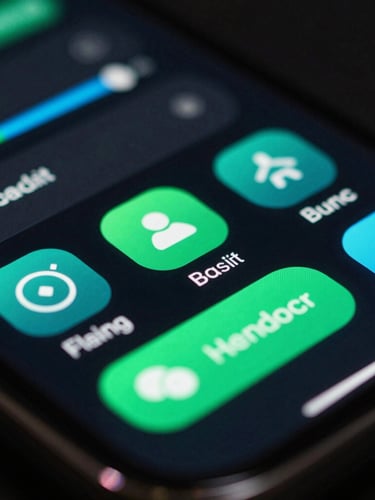 Extreme macro close-up of a mobile screen displaying a dark mode interface with glowing electric green and cyan UI elements, high contrast, screen glow, dark background with subtle neon rim lighting