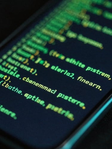 Extreme close-up on a high-end mobile screen showing glowing green code lines and fluid UI motion paths, dark background with cyan rim lighting.