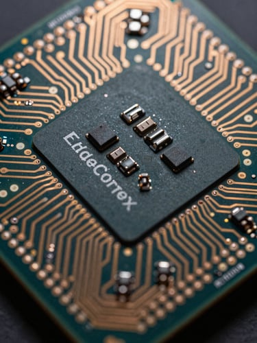 Extreme close-up macro overhead of EdgeCortex Sakura 2 processor die surface, fine copper interconnects and silicon logic gates in sharp detail, cool studio strobe lighting from directly above emphasizing surface texture and circuit topology, no text or branding visible
