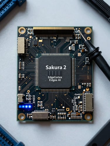 Overhead flat-lay macro of an EdgeCortex Sakura 2 processor board placed beside a Memorix edge AI chip on a clean engineering workbench, cool daylight from above revealing the fine circuit trace texture, oscilloscope probe resting at the far right edge, deep matte black PCB surface, electric-blue LED indicator glowing at the lower-left corner, no hands visible