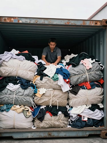 Portrait shot of a worker overseeing the loading of large, tightly packed bales of used clothing into a shipping container, bright warehouse overhead lighting, cool steel and cargo orange tones, sharp focus, 35mm