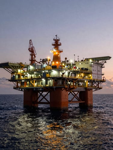 Vista aérea en ángulo bajo de una plataforma petrolera offshore en el Golfo de México durante el atardecer, iluminación industrial de alta intensidad reflejada en el mar, encuadre cinematográfico.