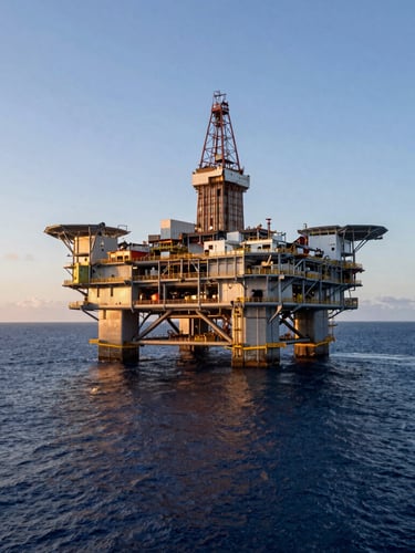Wide-angle view of an offshore oil platform in the Gulf of Mexico during sunrise, steel structures reflecting warm light, deep blue sea.