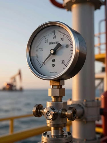 Close-up of a high-precision digital flow meter on an offshore oil platform, technical gauge showing pressure readings, sharp industrial lighting, golden hour sky in background.